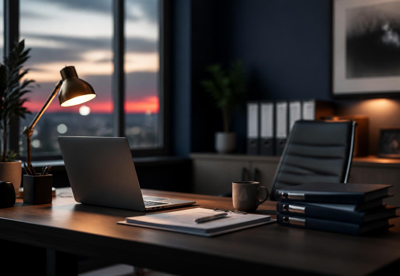 Evening light over a quiet accounting office desk